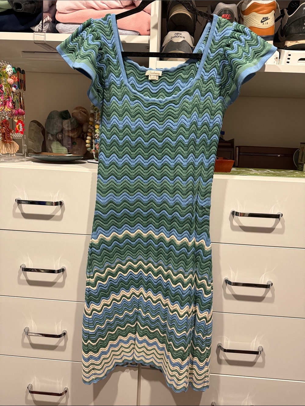 Shoshanna Blue & Green Wave-Pattern Knit Mini Dress